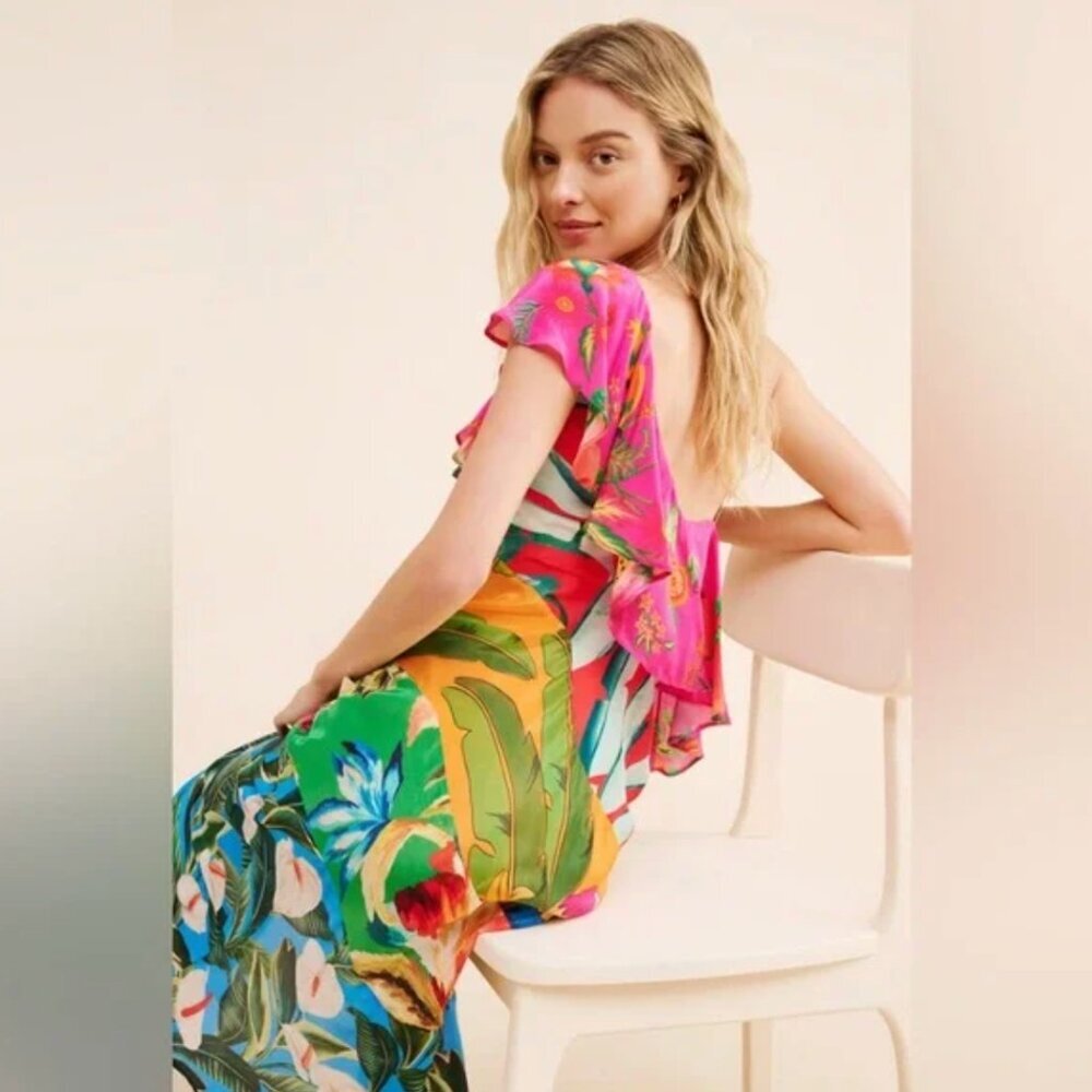 FARM Rio Mixed Flowery Ruffle One Shoulder Dress Tropical - Picture 3 of 10